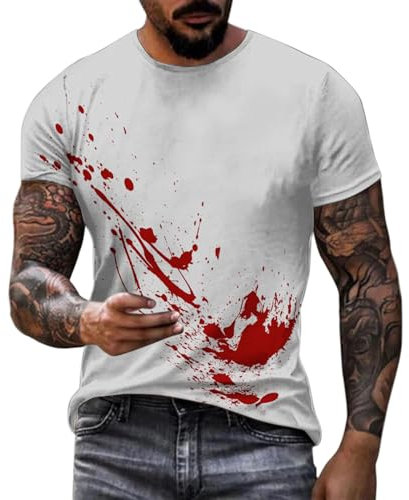 Herren Frühling und Halloween Bloody Print Lässiges Bequemes Lockeres Kurzarm-T-Shirt Uhr Herren Langes Armband (Black, M)