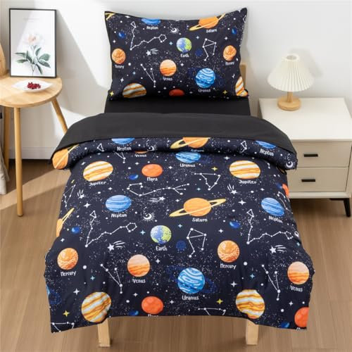 NTBED 4-teiliges Kleinkind-Bettwäsche-Set für Babys, Mädchen, Jungen, Galaxie-Universum, Planet, bedruckt, inklusive Bettdecke, Bettlaken, Spannbetttuch und Kissenbezug