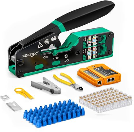 ZoeRax Kit de herramientas de crimpado Ethernet RJ45, CAT5, Cat5e, Cat6, RJ45, con probador de cables, pelacables múltiples, cuchillas, 50 conectores de paso Cat 6 y botas de alivio de tensión, verde