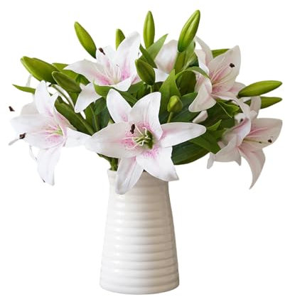 TONGMAN 6 paquetes de flores artificiales de lirio de tigre, ramo de flores de lirios blancos de imitación para centros de mesa, arreglo para bodas, hogar, fiestas, jardín, oficina, decoración (polvo)