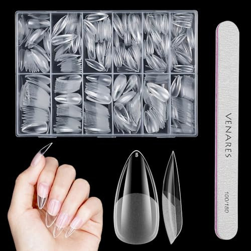 Medium Almond Nail Tips, Venares 500 Pcs Full Cover Nail Tips for Gel Extensions, 12 Sizes Clear False Nails Tips for Gel Extensions, Soft Gel Nail Tips for Acrylic Extensions with Nail Files