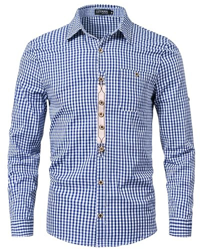 LUYANA Camicia a maniche lunghe con tasca, da uomo, Oktoberfest, per il tempo libero, Blu, XL
