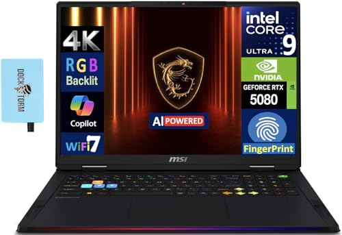 msi Raider 18 HX AI Gaming Laptop 18 120Hz Mini LED 4K Display (Intel Ultra 9-285HX, GeForce RTX 5080, 64GB DDR5, 2x2TB SSD, Copilot, FP Reader, Thunderbolt 5, Win11Home) w/Dockztorm Hub