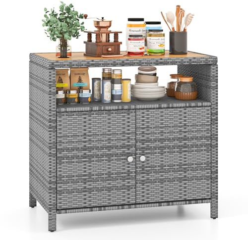 LIFEZEAL Gartenschrank Rattan, Aufbewahrungsschrank Geräteschrank mit breiter Akazienholzoberfläche, Küchenschrank für Küche, Garten Terrasse und Patio, 90 x 53 x 86 cm (Grau)