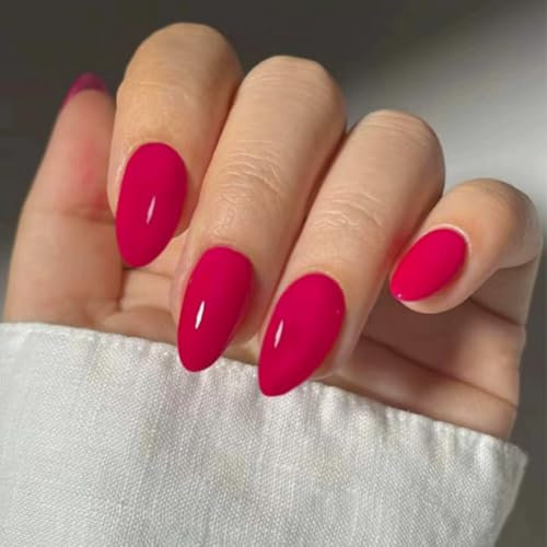 Hot Pink Press On Nails - 24PCS Short Almond Rosy False Nails - Pure Rose Red Fake Nail Medium - Removable Natural Acrylic Full Cover Stick On Nails For Women Girls Nail Art DIY Manicure Decorations