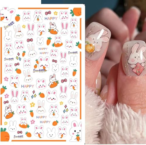 Oster Sticker Nagel, 12pcs Hasen Nagel Sticker, Nagelaufkleber Ostern, Nagelaufkleber Hase, Nagelsticker Kaninchen, Nagelkunst Aufkleber 3d, Süße Nailart-Dekorationen für Ostern(4 Stile)
