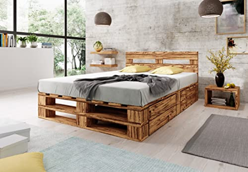 Lermowood Palettenbett M2 aus Holz 140 x 200 cm Geflammt mit Kopfteil und 2 Bettkästen Holzbett 30cm Stabiles Seniorenbett Kinderbett Jugendbett Gästebett erhöhtes Bettgestell Komforthöhe Naturholz