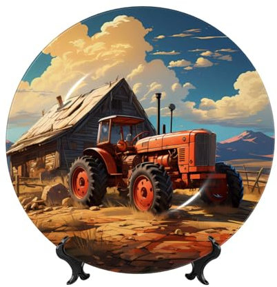 POEZJZW Farm Red Tractor Bone China Decorative Plate Dinner Plates Crafts Perfect Decoration for Home Office and Coffee Shop 6in
