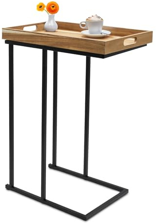 Spetebo Sofa Beistelltisch in C-Form schwarz – 60 x 45 cm – Deko Tisch mit abnehmbarem Holz Tablett – praktischer Ablagetisch für Wohnzimmer und Sofa