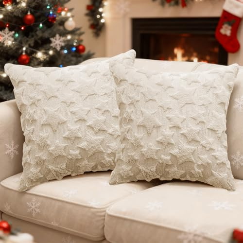 KERANEET Kissenbezug Weihnachten 45x45 Weihnachtskissenbezug 2 Stück Winter Kissenbezüge Weihnachten Plüsch Samt Weihnachtens Deko für Zierkissenbezug Sofa Schlafzimmer Wohnzimmer Beige