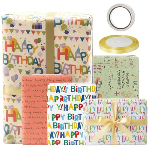 5er-Set Geschenkpapier Geburtstag Set 70x50cm Gift Wrapping Paper | Geschenkpapier mit Doppelseitigem Klebeband, Geschenkband, Geschenke Verpacken für Geschenke, Geburtstagsfeier, DIY Bastelset