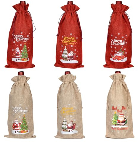 DAVBNM 6 Pack Christmas Bottle Bags, Burlap Wine Bags with Drawstrings, Wine Bottle Gift Bag, for Winter Holiday Party Supplies