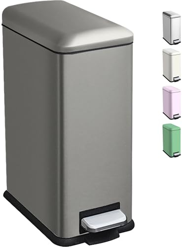 Ullege Mülleimer Bad 10L, Tretmülleimer Mit Inneneimer, Softclose, Grau | 10 Liter Badezimmer Mülleimer, Edelstahl Mit Deckel, Fingerabdruckfrei, Schmal, Für Badezimmer, Büro, Schlafzimmer