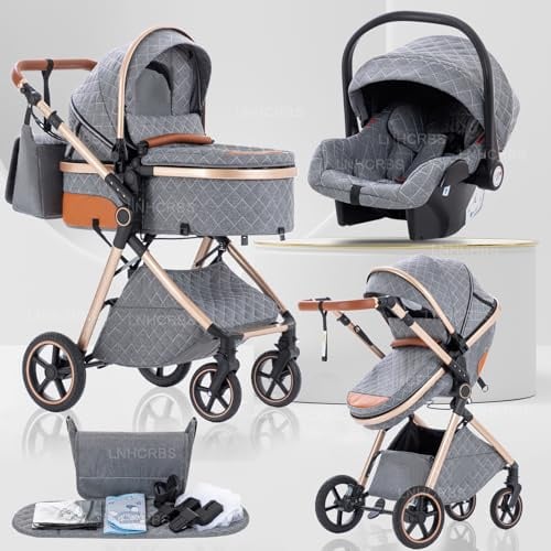 Lnhcrbs Kinderwagen 3 in 1 für Neugeborene, Reisesystem ist faltbar | Babywagen-Griff ist verstellbar, die Räder sind aus PU-Material, geeignet von Geburt bis 3 Jahre,Grau
