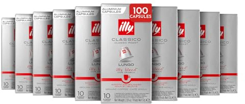 illy, Café en Capsules Compatibles CLASSICO Lungo, 100 Capsules au Total | En Aluminium, 100% Arabica avec des Notes de Fleur d'Oranger et de Jasmin, Goût Doux, 10 Paquets de 10