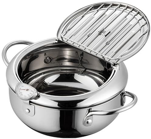 Olla freidora Olla para freír tempura japonesa de acero inoxidable de 3, 2 L con escurridor de temperatura y goteo de aceite Rejilla para freír pequeña de 9, 4 pulgadas con asas para cocina Pescad