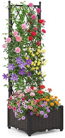 COSTWAY Garden Planter with Trellis, Weather-Resistant Trough Grow Box with Self-Watering Device and Drainage Holes, Indoor Outdoor Raised Garden Bed for Climbing Vine Plant (40 x 40 x 126 cm)