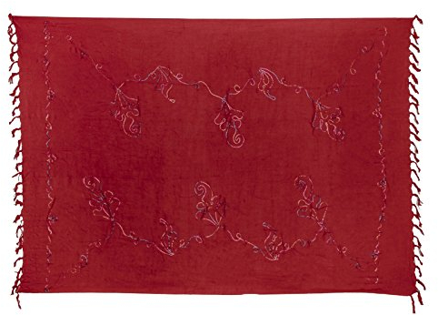 Kascha Sarong Pareo Wickelrock Strandtuch Tuch Wickeltuch Handtuch - Blickdicht - ca. 170cm x 110cm - Weinrot Einfarbig mit Bunter Stickerei Handgefertigt inkl. Kokos Schnalle in runder Form