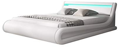 MB Muebles Bonitos, Cama de Matrimonio Parisina para Colchón de 150x190 cm, Luz LED, Canapé Abatible, Somier de Láminas, Estructura de Madera tapizada en Polipiel, Color Blanco