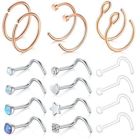 JFORYOU 18 Stück Edelstahl Nasenstecker Nasenpiercing Opalstein CZ Nasenring Hoop Spirale Stecker Piercing 20G 0,8mm 8mm Silber Rose Gold