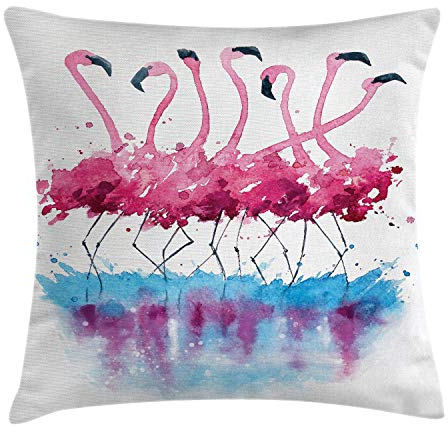 ABAKUHAUS Flamingo Kissenbezug, Flamingo and Bird, Waschbar mit Reißverschluss Kissenhülle mit Farbfesten Klaren Farben Beidseitiger Druck, 40 x 40 cm, Blau Lila