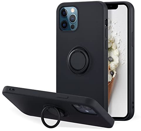 UEEBAI Case for iPhone 12 Pro Max 6.7 inch, Ultra Slim Liquid Silicone Phone Case with 360 Rotatable Ring Holder Kickstand with Magnetic Car Mount Gel Rubber TPU Bumper Shockproof Cover - Black