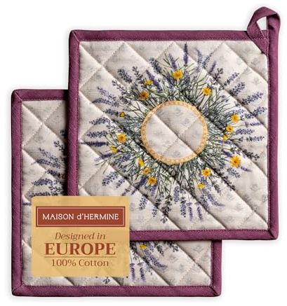 Maison d'Hermine Topflappen-Set, 100% Baumwolle (20 cm x 20 cm, 2er-Pack) | Hitzebeständig mit Schlaufe zum Grillen Backen Anfassen heißer Pfanne, Frühjahr Sommer - Fanny Lavender