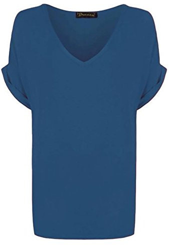 WearAll Women's New Plus Size Womens Short Turn Up Sleeve Baggy Plain Top Ladies V-Neck T-Shirt Teal 12-14