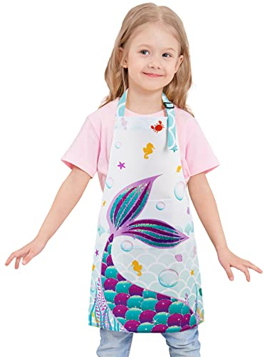 Kinderschürze - Meerjungfrau Kinder Schürzen Malschürze Kinder Verstellbare Nackenriemen für Mädchen Wasserdicht Kochschürze mit Tasche Kochen Backen Malen Basteln Gartenarbeit (Mittel, 11–15 Jahre)