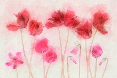 Kunstdruck auf Holz, Alpenveilchen, Familie, Aquarell, Niele Cora, florales horizontales Bild, modern, zeitgenössisch, florales Blumenmuster, Kunstdruck, 76 x 117 cm
