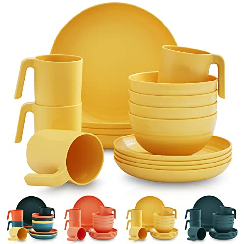 Kyraton Plastic Vajilla Set de 16 piezas, irrompible y reutilizable Platos ligeros Tazas Cuencos Platos fáciles de llevar y limpiar Microondas Seguro BPA Servicio seguro para lavavajillas para 4