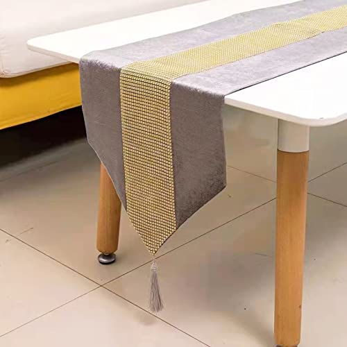 Deggodech Grau Tischläufer mit Quaste 32 x 210 cm Lang Modern Glitter Tischläufer Gold Diamant Table Runner für Küchentisch, Kaffeetisch, Kommode,Weinschrank Dekoration (210cm, Grau)
