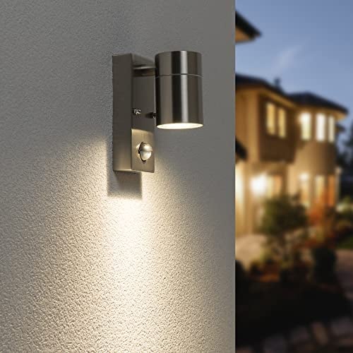 HOFTRONIC - Mason - LED Außenwandleuchte mit Bewegungsmelder und Dämmerungsschalter Edelstahl - GU10 4000K Neutralweiß - Moderne Wandlampe Downlight
