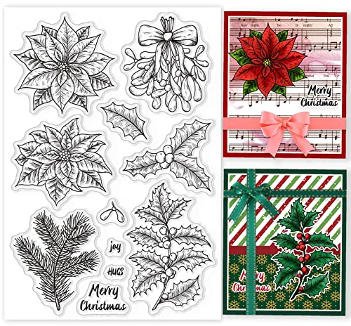 GLOBLELAND Weihnachtspflanzen durchsichtige Stempel für DIY Scrapbooking Dekoration Grüße Winter Weihnachtsstern Mistel Stechpalme Kiefernzweige transparente Silikonstempel