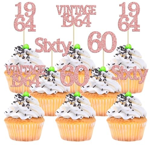 Gyufise 24Pcs 60th Birthday Cupcake Toppers Cheers to 60 Fabulous Sixty Cupcake Picks Vintage 1965 Decorations for 60th Birthday Wedding Anniversary Party Cake Decorations Supplies Rose Gold