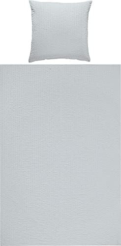 REDBEST Bettwäsche, Bettgarnitur Seersucker Uni Detroit Silber Größe 80x80 cm / 155x220 cm - weich, schnell trocknend, bügelfrei, mit Reißverschluss