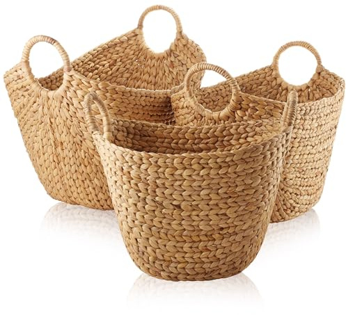 Casafield Set of 3 Multipurpose Boat Baskets with Handles - Natural, Woven Water Hyacinth Storage Organizers for Throw Blankets, Bedroom, Living Room, Laundry