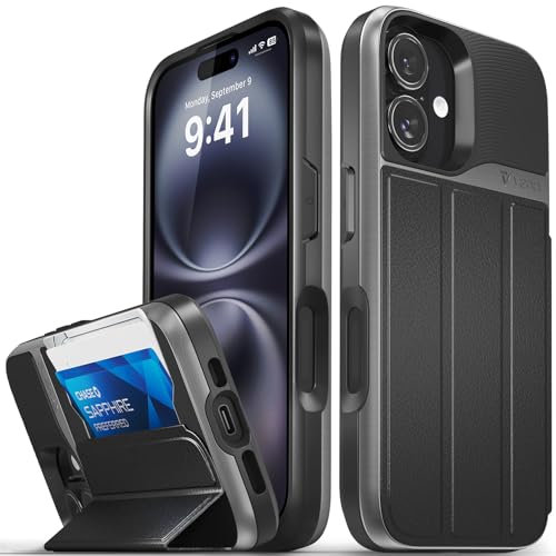 VENA vCommute Schutzhülle für iPhone 16, Militärqualität, Fallschutz, Lederhülle, Kartenhalter mit Ständer, Schwarz