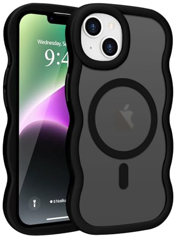 Pepmune Magnetic for iPhone 14 Plus/15 Plus Case [Compatible with Magsafe] Translucent Matte Cute Curly Wave Frame Phone Case,Soft TPU Bumper Slim Fit Shockproof Protective Cover for Men Women-Black