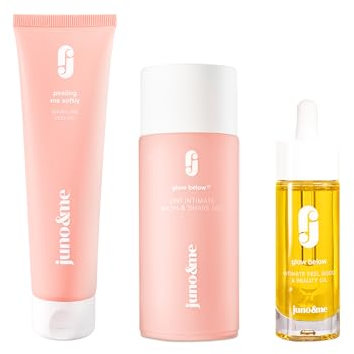 juno & me - Glow Below Set: 3er-Set zur Reinigung, Pflege & Rasur der äußeren Intimzone - enthält Pre-Shave Peeling, Rasiergel & After Shave Öl - mit Milchsäure - vegane Intimpflege Damen