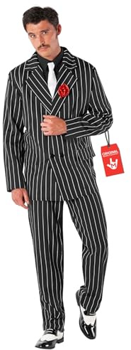 Morph Gangster Costume Men, Halloween Costumes for Men | Black, White Striped Suit Jacket, Matching Trousers, Crisp White Tie Included, Perfect for Halloween, Great for Fancy Dress
