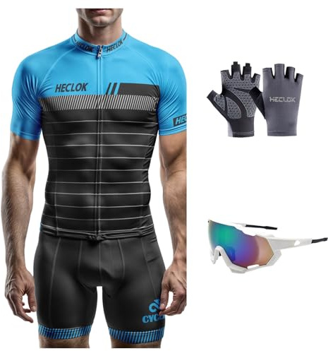 HECLOK Radtrikot Set Herren Kurzarm – 9D Sitzpolster, Atmungsaktiv | Schnell trocknend, 9D Sitzpolster, 3 Rückentaschen, für MTB und Rennrad geeignet