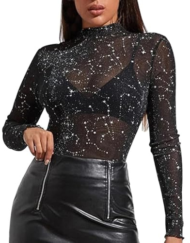 Festival Outfit Netzoberteil Schwarz Y2k Sexy Langarm-Schichtoberteil Mit Strasssteine Stehkragen Figurbetont Netzstoff Für Damen,Spinnennetze Blumenstickerei Karneval Durchsichtige T-Shirt-Bluse Rot