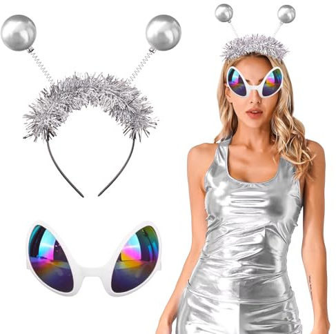 Zidoley Lot de 2 costumes d'extraterrestre pour femme - Serre-tête argenté et lunettes de soleil pailletées - Tenue Space Girl pour carnaval, carnaval et fête galaxie