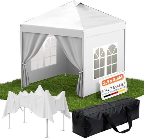 Huracan Pavillon 2.5x2.5m, Faltpavillon Wasserdicht Stabil Winterfest mit Seitenwand, Pop-Up Partyzelt Höhenverstellbar, UV Schutz Sonnenschutz Gartenpavillon für Hochzeit Camping mit Tasche, Weiß
