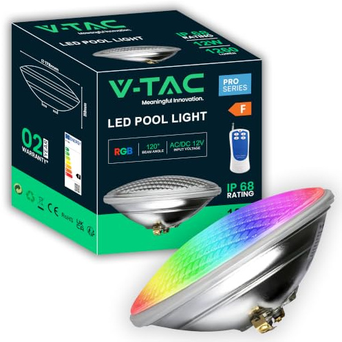 V-TAC Lampada Led da Piscina Multicolore RGB 12W - CON TELECOMANDO - PAR56 - Lampada Vetro Antiurto IP68 per Illuminazione Piscine e Fontane - 1260 Lumen - Luce Colorata Subacquea