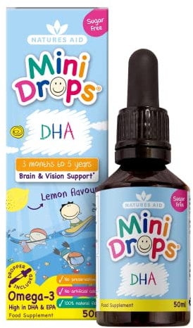 Natures Aid DHA Omega-3 Mini Drops for Babies & Kids 50ml – Supports Brain & Vision Health – Sugar Free, Vegan, Gluten-Free, Non-GMO – Growth Support for Children Age 0-5 Years Old Dropper Included