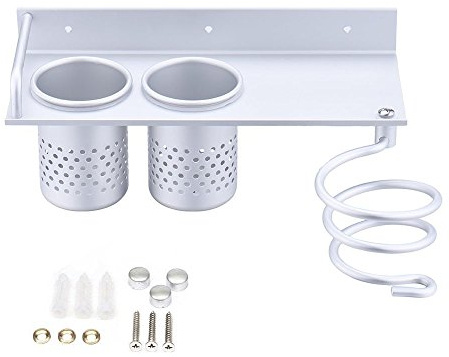 YOCZOX Hair Dryer Holder, Wall Mount Hairdryer Straightener Spiral Holder Rack, Multifunctional Bathroom Accessories Organizer Collection Storage Shelf Rack, with 2 Cups & Socket Plug Holder