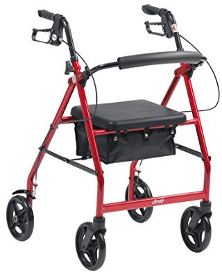 Drive DeVilbiss Lightweight Aluminium Rollator with Seat and Backrest – Four Wheel (8 Inch, Spirit Red)