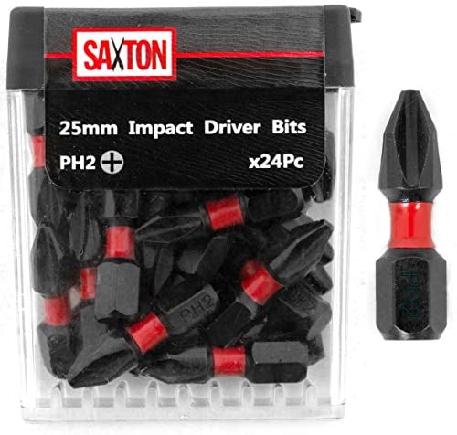 Saxton - Set di 24 punte per cacciavite a percussione, PH2-25 mm, con custodia ad apertura superiore, compatibili con Dewalt, Milwaukee, Bosch